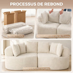 Canapé 3 Places Incurvé en Chenille 188 cm, Canapé Salon avec Assise Profonde, 6 Coussins, Rembourrage Épais, Crème