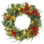 Beleuchteter Weihnachtskranz 60 cm mit 35 LEDs, Timer, 170 Zweigspitzen, Tannenzapfen, Beeren, Stechpalmenblättern, Grün