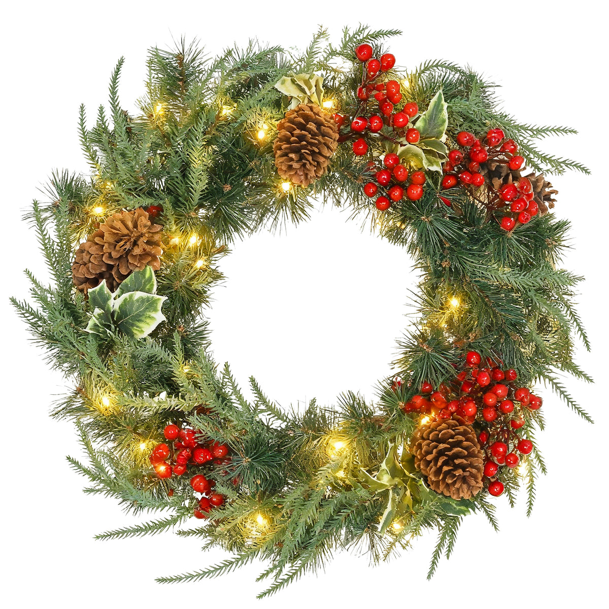 Beleuchteter Weihnachtskranz 60 cm mit 35 LEDs, Timer, 170 Zweigspitzen, Tannenzapfen, Beeren, Stechpalmenblättern, Grün