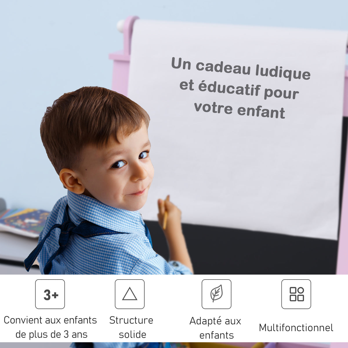 3-in-1 Kindertafel – Kinderstaffelei – doppelseitige Tafel – Whiteboard und Kreidetafel – Papierrolle mit Zubehör + integrierte Aufbewahrungskörbe – MDF, Rosa