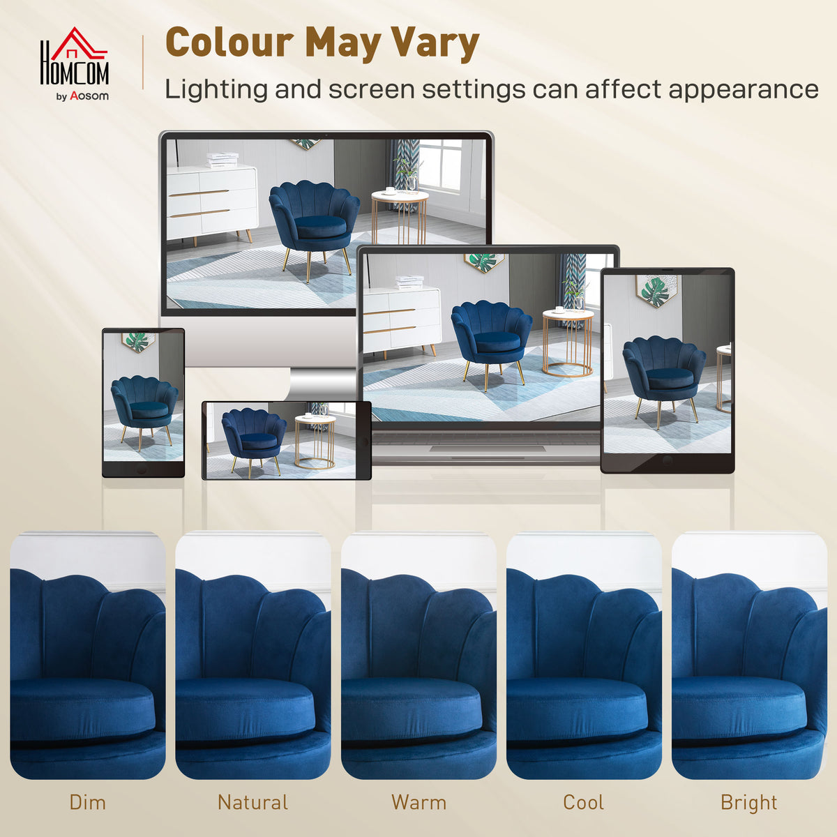 Fauteuil salon fauteuil en velours fauteuil coquillage avec pieds en métal doré pour chambre à coucher, bleu