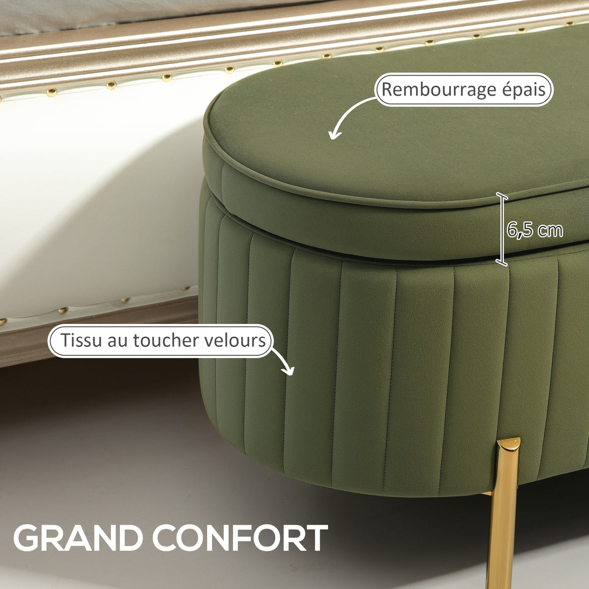 Banc de rangement, bout de lit en velours avec couvercle, pieds en métal, capacité 72 L, 108x44x43,5cm, vert foncé
