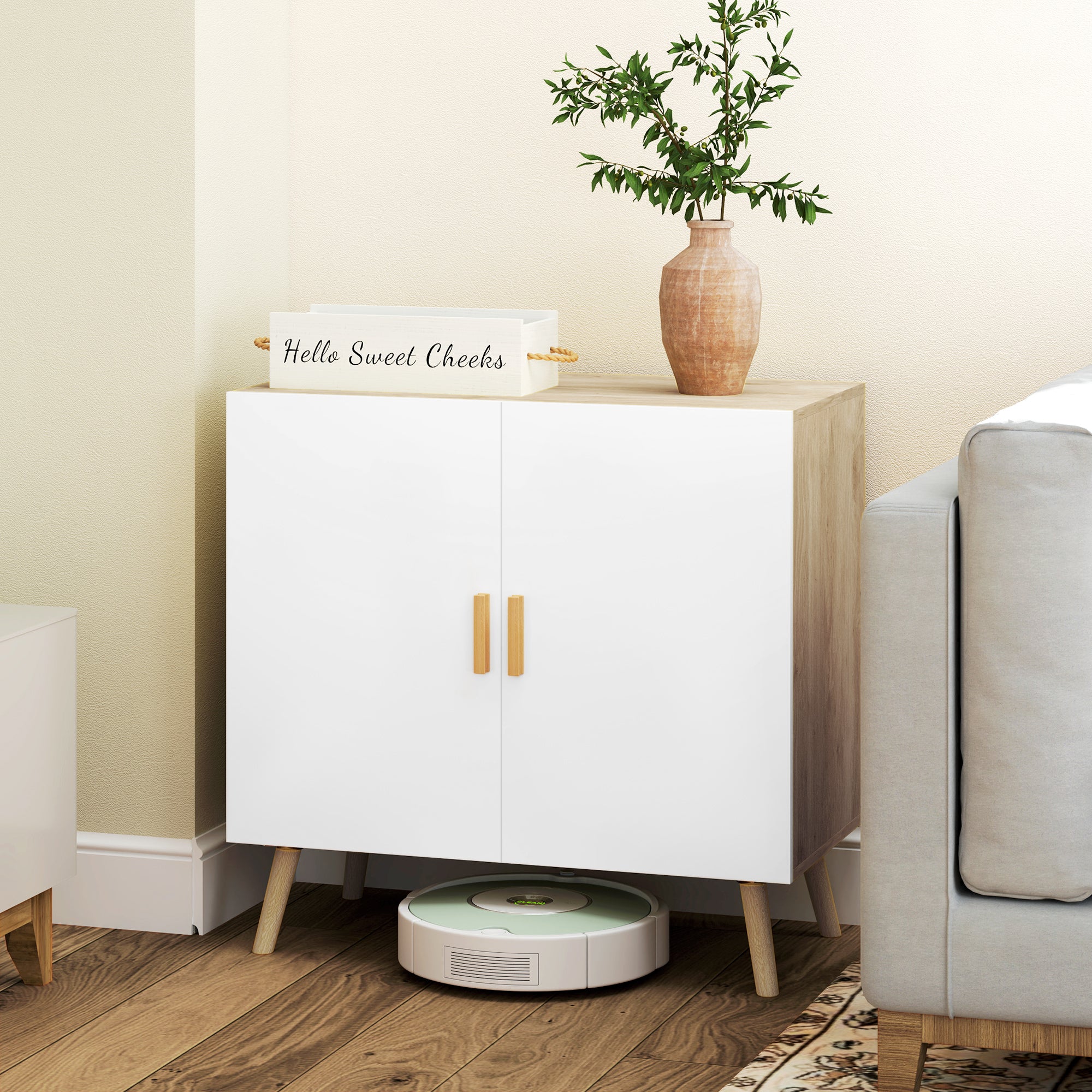 Buffet meuble de rangement avec poignées en bambou étagère ajustable base surélevée 76 x 41,2 x 74 cm blanc bois naturel