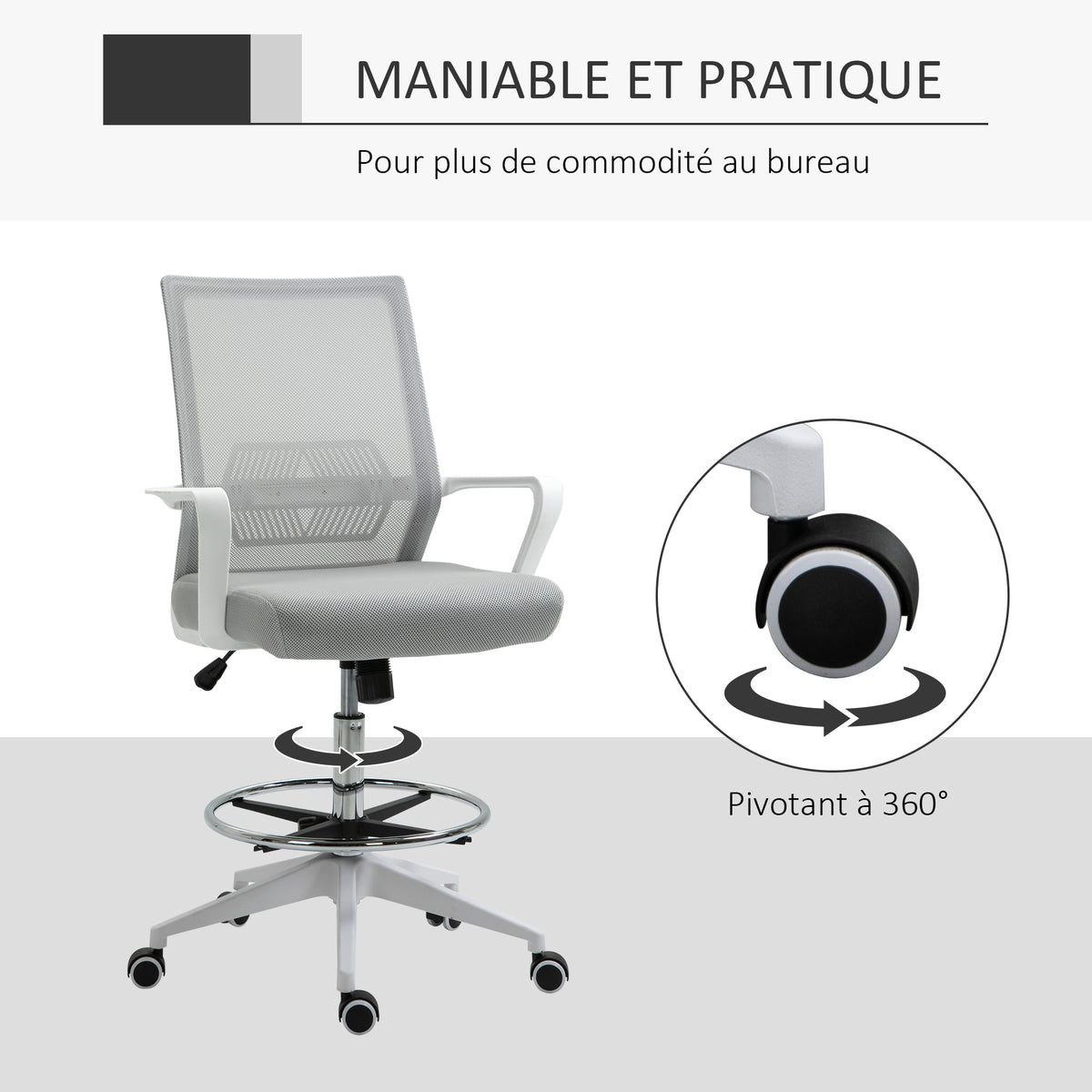 Lot de 2 fauteuils de bureau chaise de bureau assise haute réglable dim. 64L x 60l x 106-126H cm pivotant 360° maille