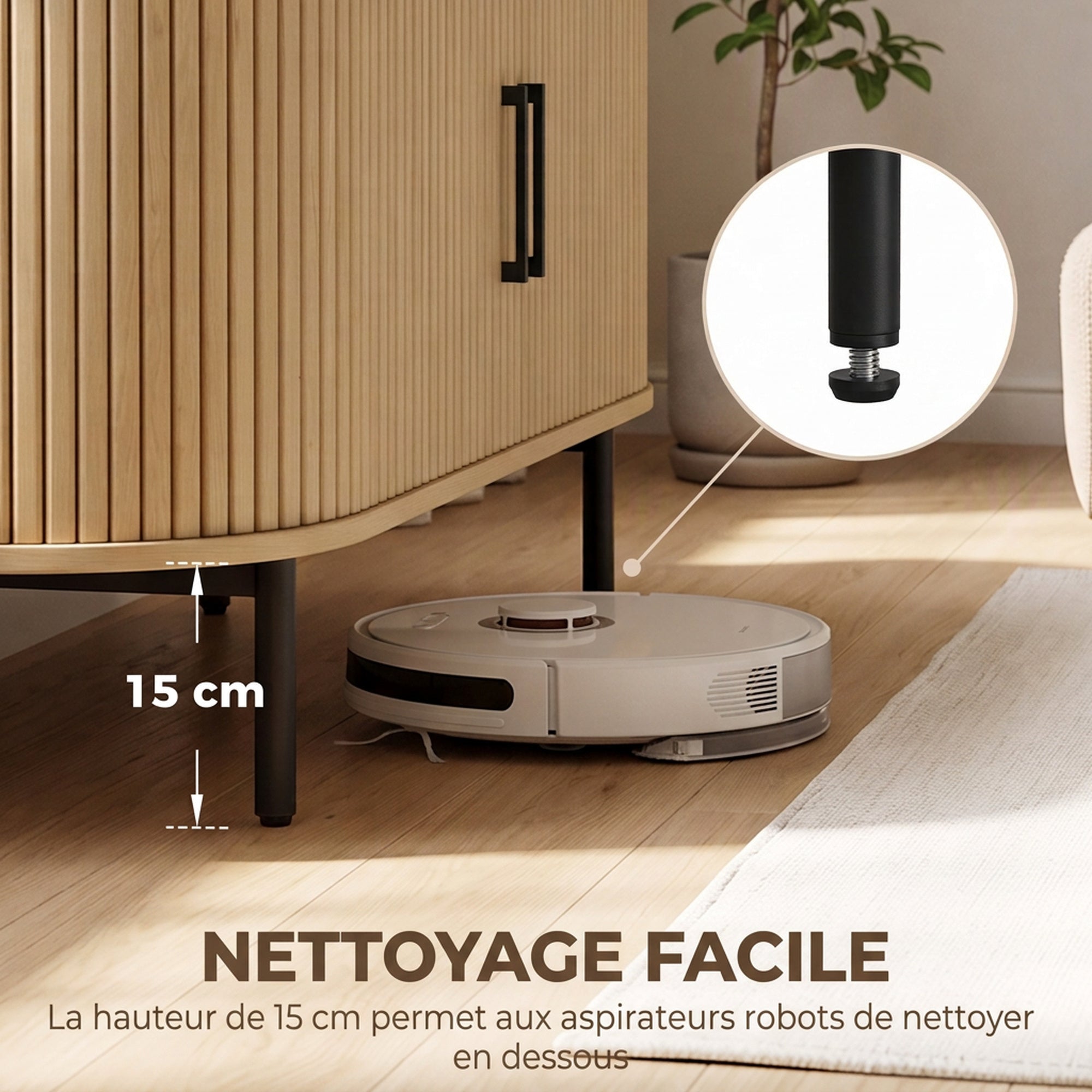 Meuble TV 106 cm, Meuble Télé pour 50 Pouces, 2 Portes Coulissantes à Tambour 4 Compartiments Étagères Réglables, Chêne