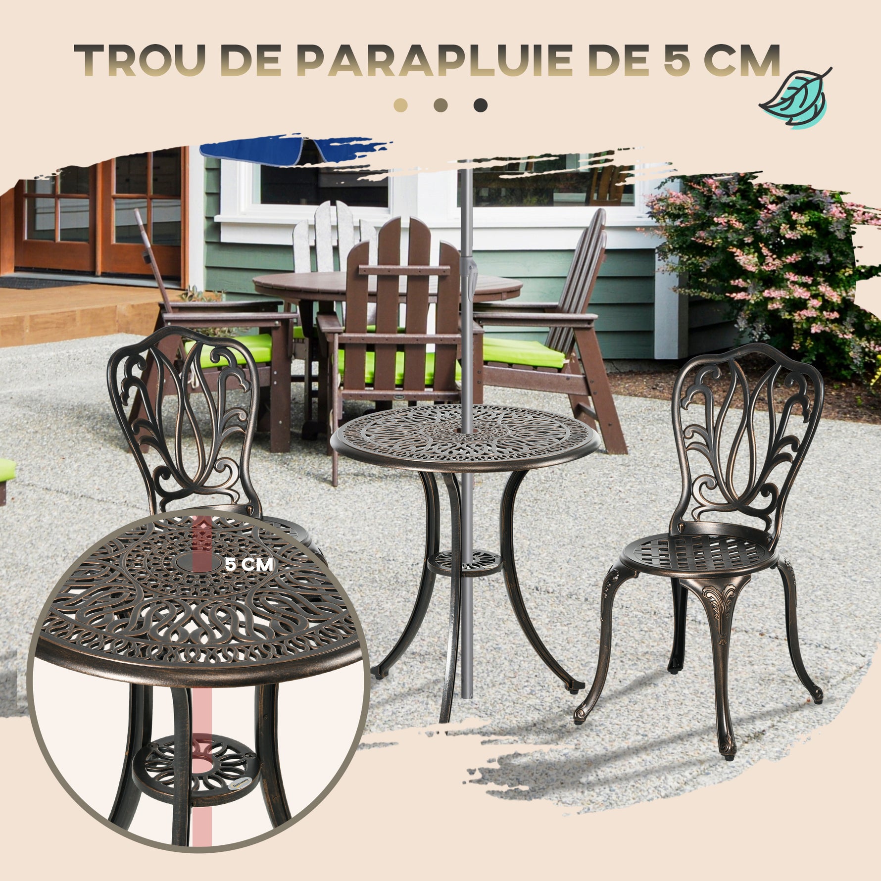 Ensemble Salon de Jardin 2 Places 2 chaises + Table Ronde style charme rétro en fonte d'aluminium, bronze