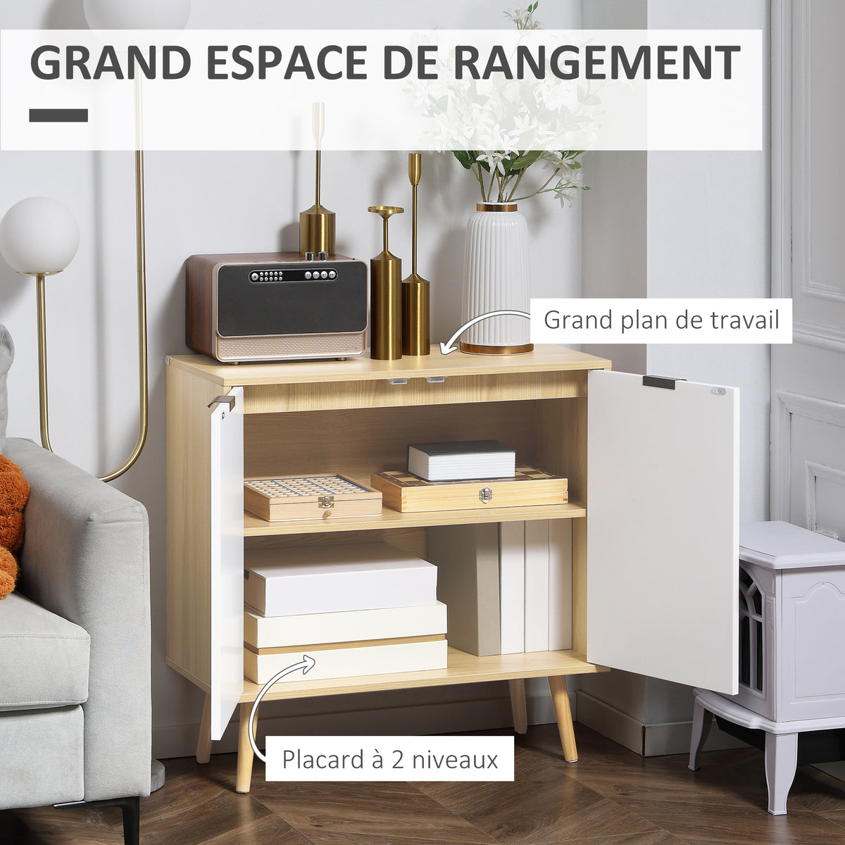 Aparador de salón, mueble de almacenamiento con 2 puertas y estante ajustable, 77 x 35 x 77,5 cm, blanco y madera natural
