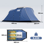 Tente de Camping Tunnel pour 4 Personnes Imperméable 3000mm Double Couche Hauteur 190cm Bleu Foncé