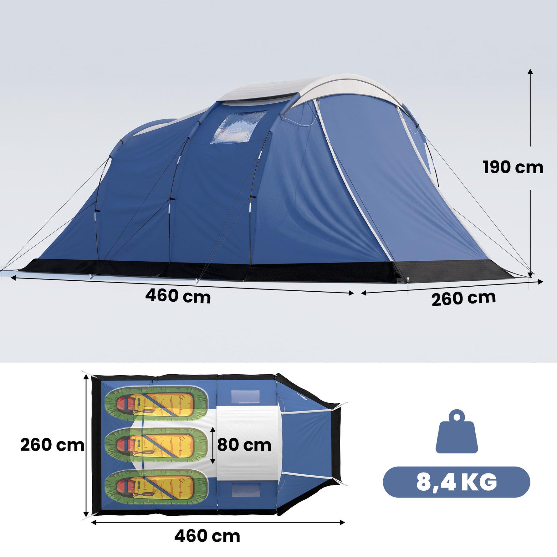 Tente de Camping Tunnel pour 4 Personnes Imperméable 3000mm Double Couche Hauteur 190cm Bleu Foncé