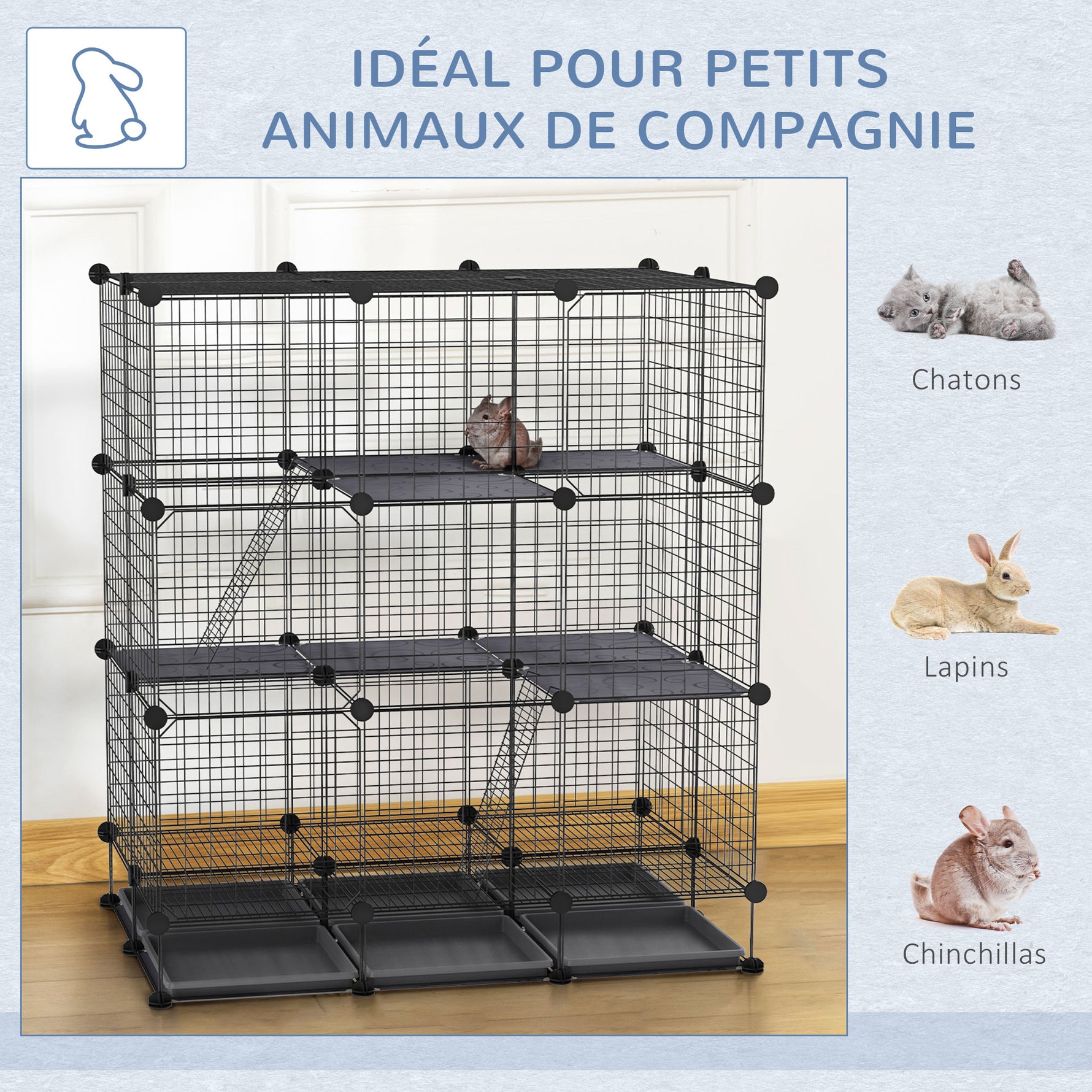 Cage parc enclos rongeurs modulable dim. L 111 x l 75 x H 119 cm 3 niveaux 4 portes fil métallique noir