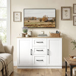 Buffet salon, meuble de rangement avec 2 portes à fermeture douce et 3 tiroirs, 110x35x80,4cm, blanc et bois naturel