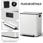 Poubelle de cuisine 2 compartiments de 2 x 25L, acier inoxydable, couvercle à fermeture douce, 47,7x37,5x56cm, argent