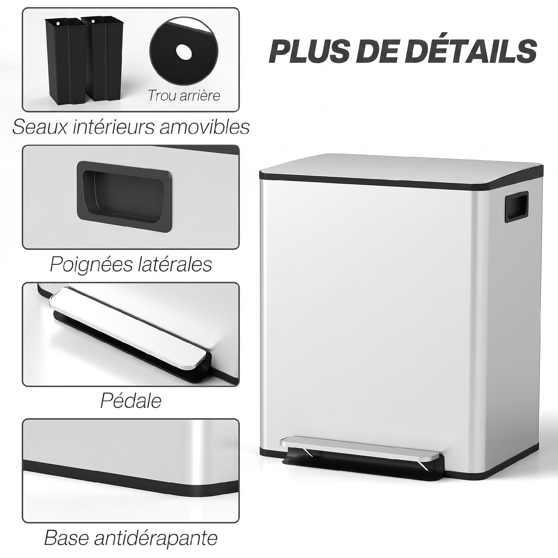 Poubelle de cuisine 2 compartiments de 2 x 25L, acier inoxydable, couvercle à fermeture douce, 47,7x37,5x56cm, argent
