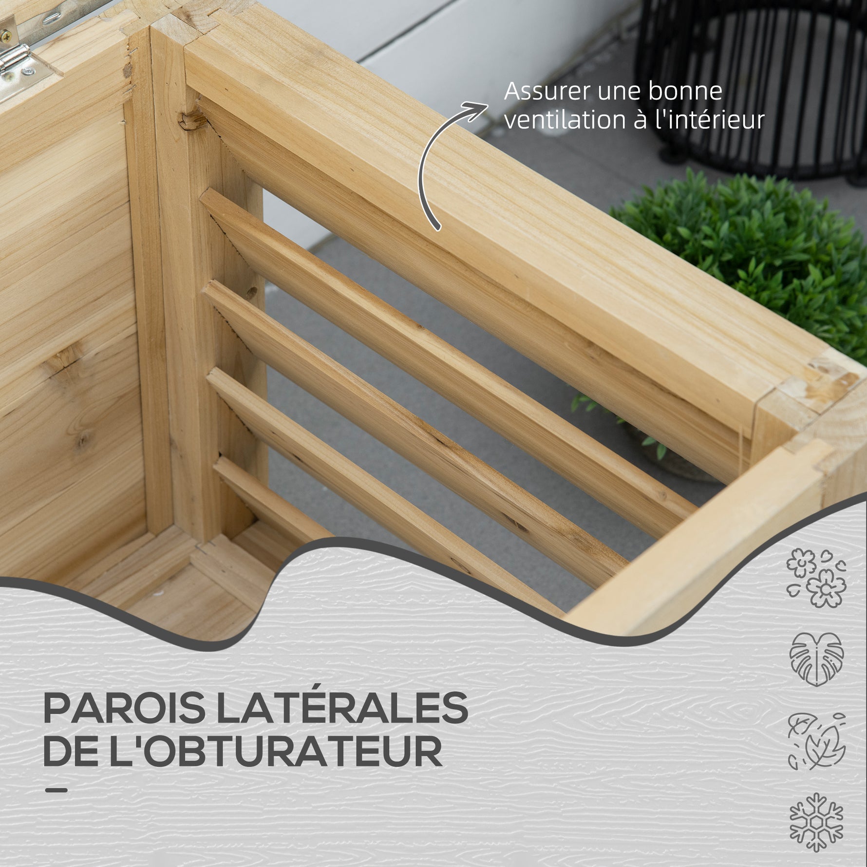 Coffre de jardin en bois et couvercle en métal galvanisé 155L avec vérins - 110 x 50 x 50 cm