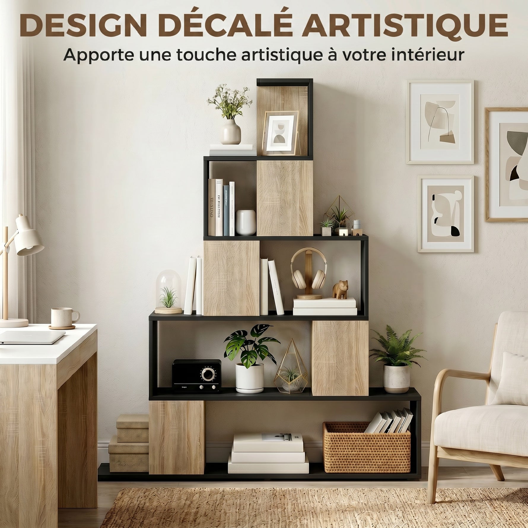 Étagère de rangement, bibliothèque géométrique à 5 niveaux, pour bureau, salon, chambre, noir et bois naturel