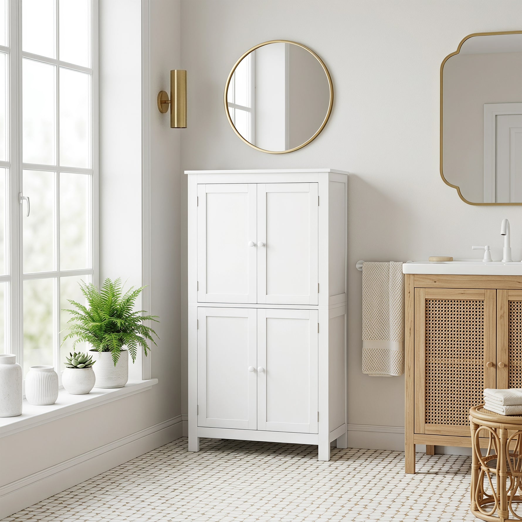 Meuble de salle de bain, meuble de rangement étroit avec 4 portes et étagères réglables, style moderne, blanc