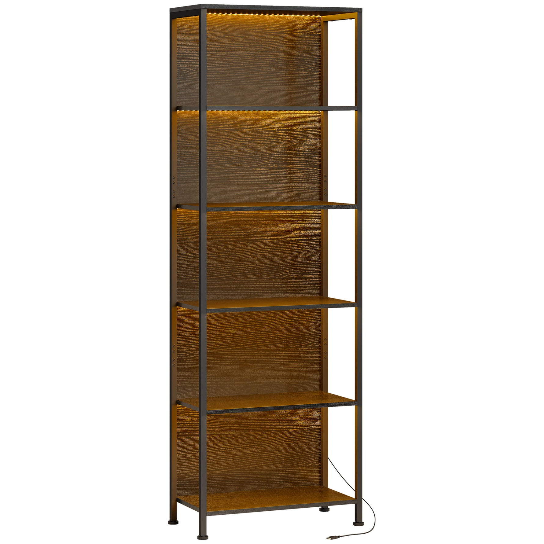 Bibliothèque étagère de rangement à 5 niveaux avec éclairage LED 7 couleurs, structure en acier, 60 x 30 x 179 cm, noir