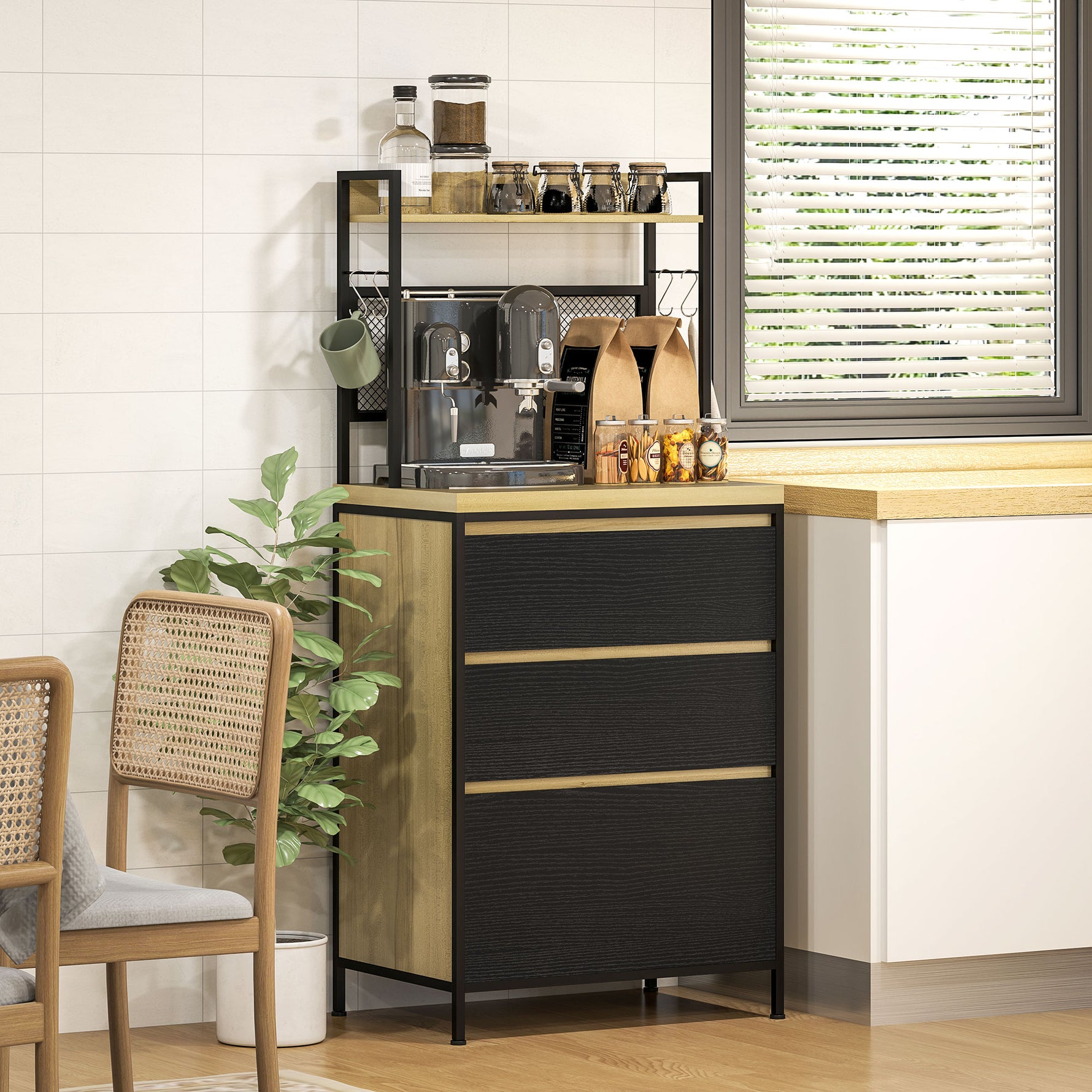 Armoire de cuisine style industriel avec 3 tiroirs, plan de travail, étagère et 4 crochets, 60x40x132cm