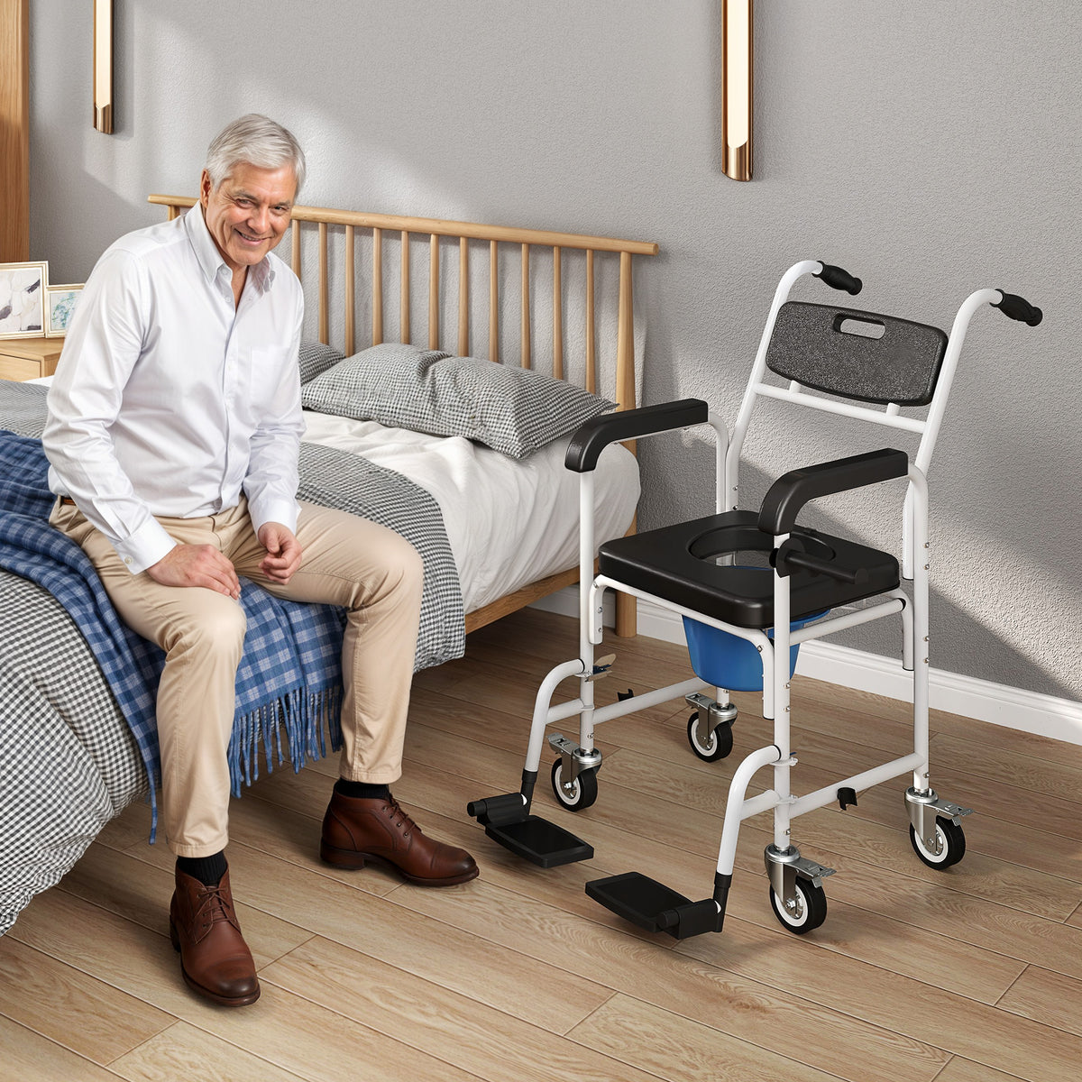 Silla con inodoro para adultos con ruedas, silla con inodoro para ducha con reposapiés, respaldo y reposabrazos, 53x97x97 cm, negro