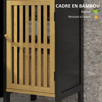 Meuble bas de salle de bain en bambou avec placard 1 porte niche ouverte 32 x 30 x 90,5 cm, noir et bois