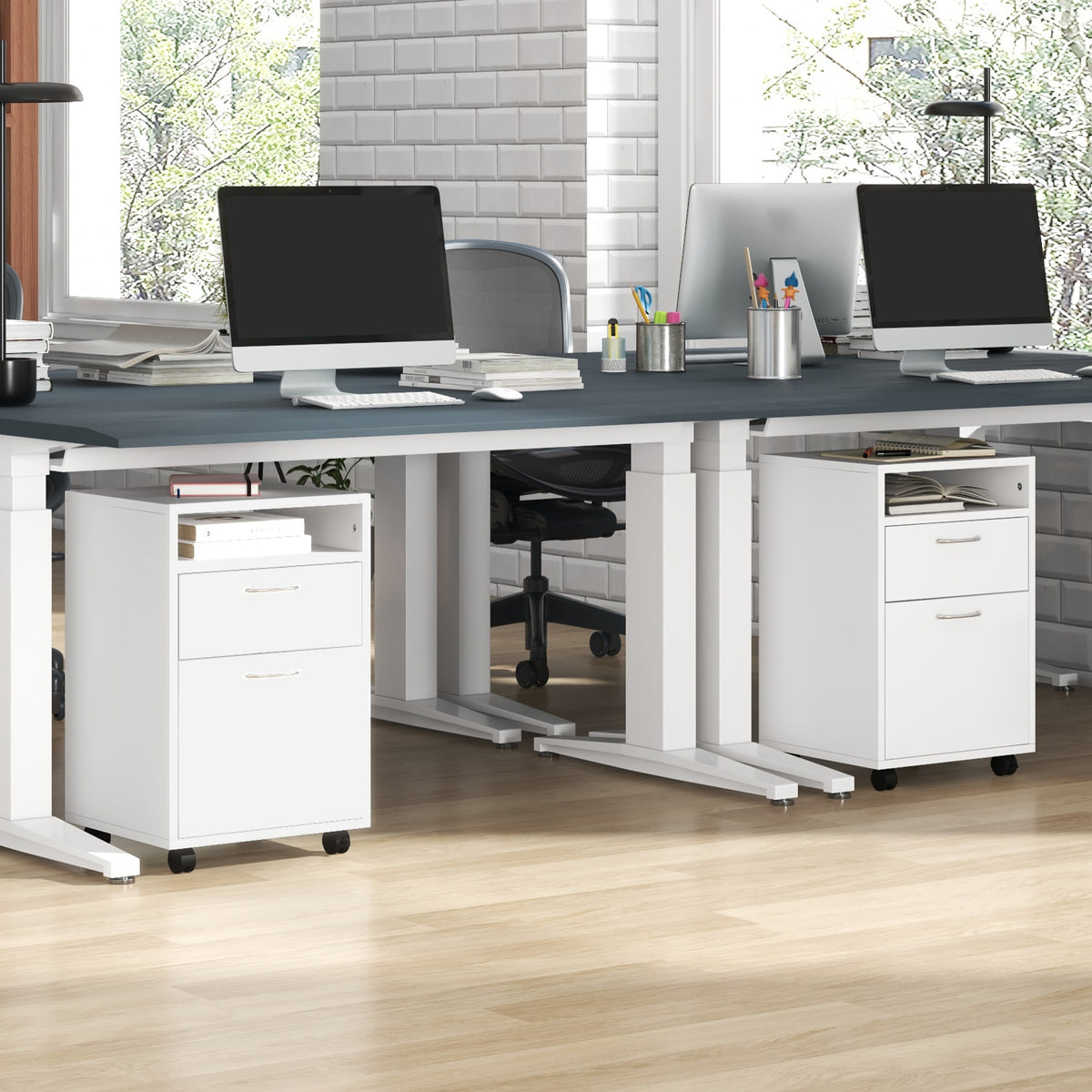 Lot de 2 caissons de bureau rangement de bureau sur roulettes tiroir placard niche panneaux particules blanc