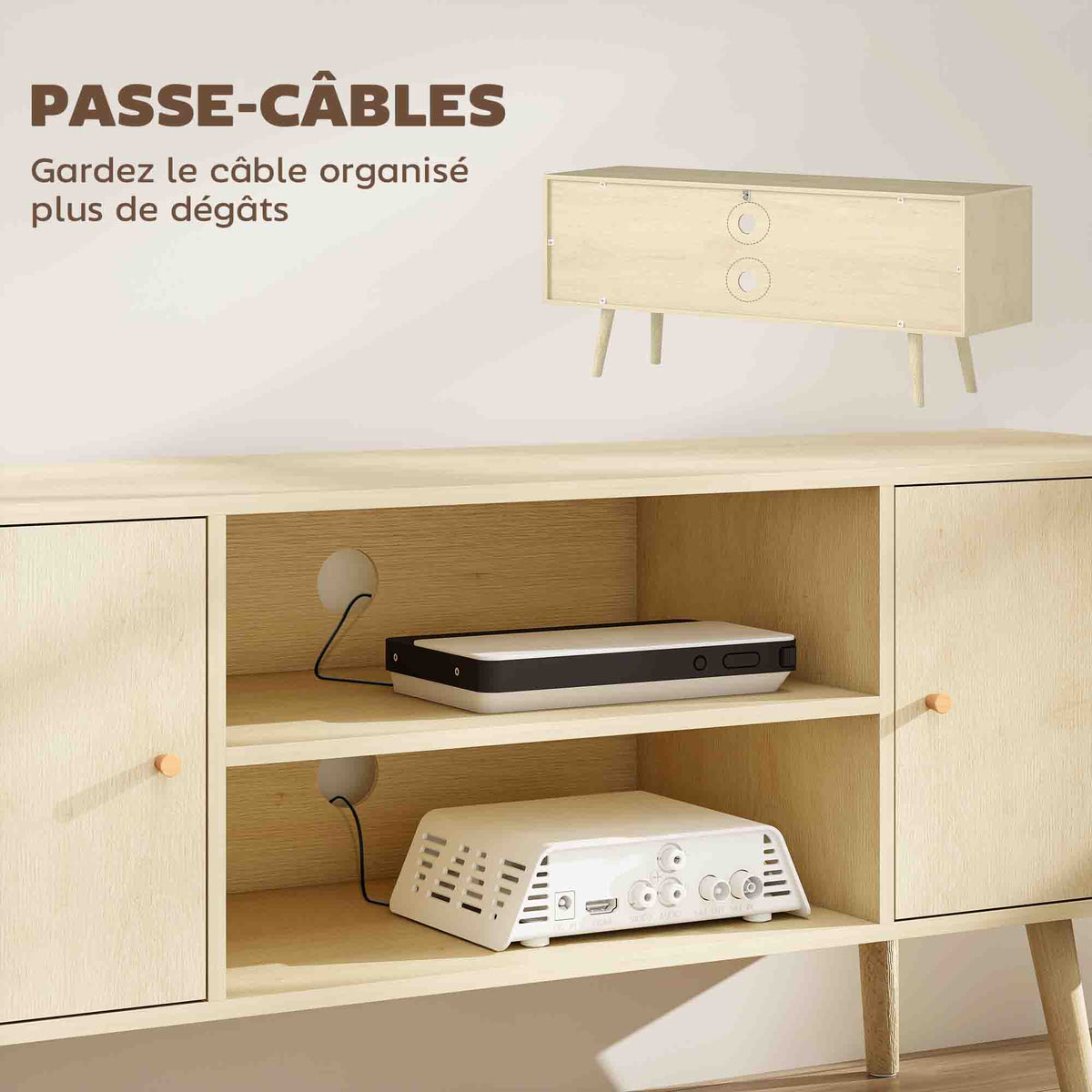 Meuble TV meuble télé pour téléviseur jusqu'à 55 pouces 2 placards et 2 étagères ouvertes 120x34x50cm effet bois naturel