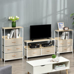 Meuble TV Bas sur Pieds Style Industriel 2 tiroirs en Tissu Gris Bois Naturel et métal Blanc