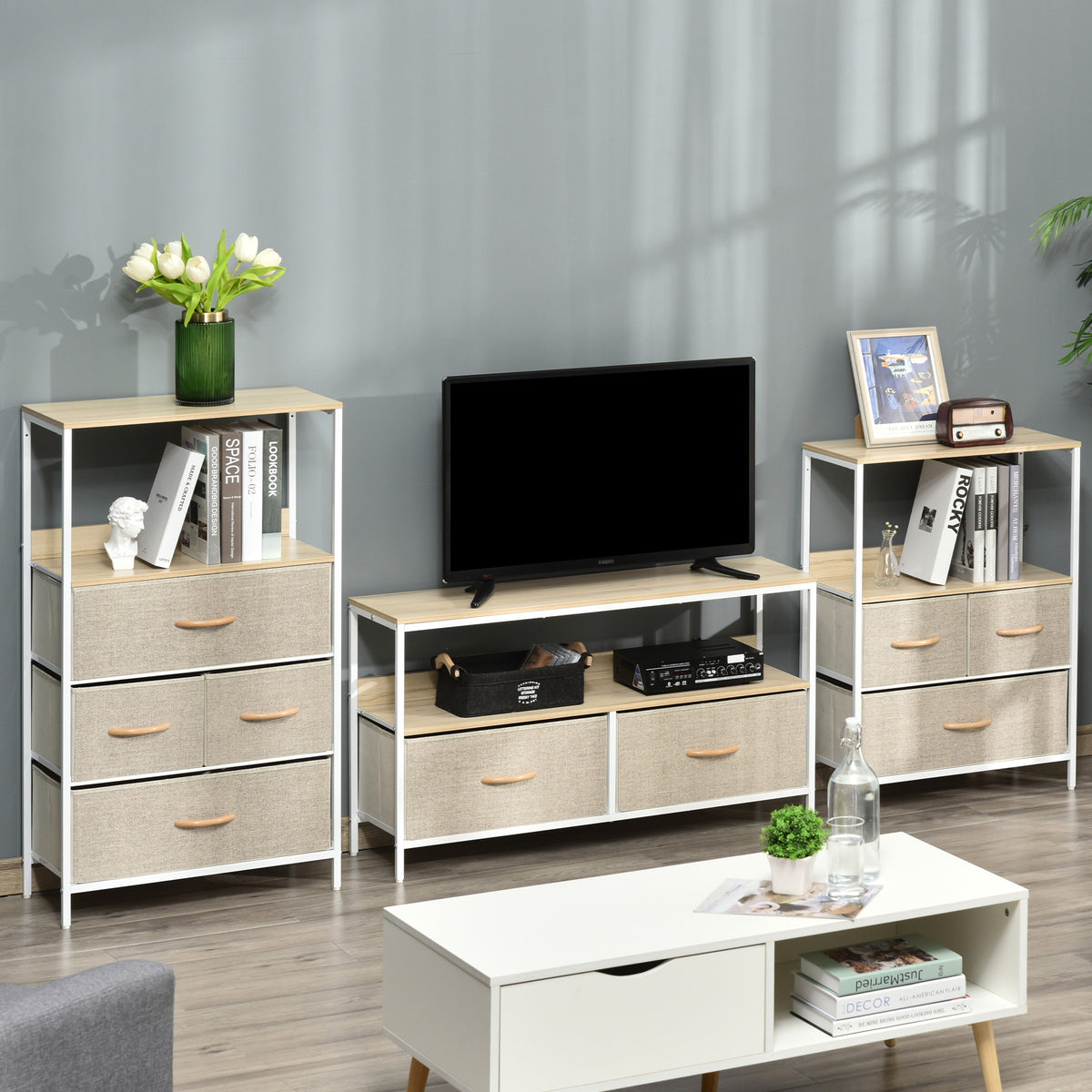 Meuble TV Bas sur Pieds Style Industriel 2 tiroirs en Tissu Gris Bois Naturel et métal Blanc