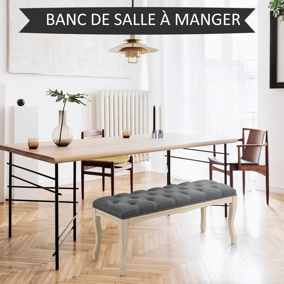 Banc Banquette capitonnée Style Classique 110 cm Bout de lit Rembourrée en lin piètement Bois hévéa sculpté Lin Gris