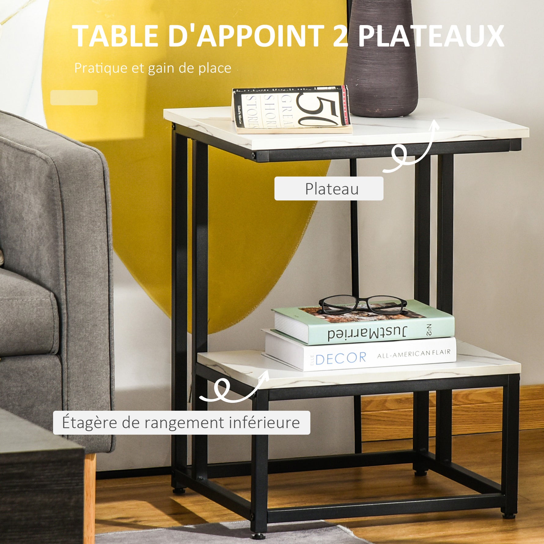 Table basse moderne salon table d'appoint chambre structure acier noir plateau étagère aspect marbre blanc