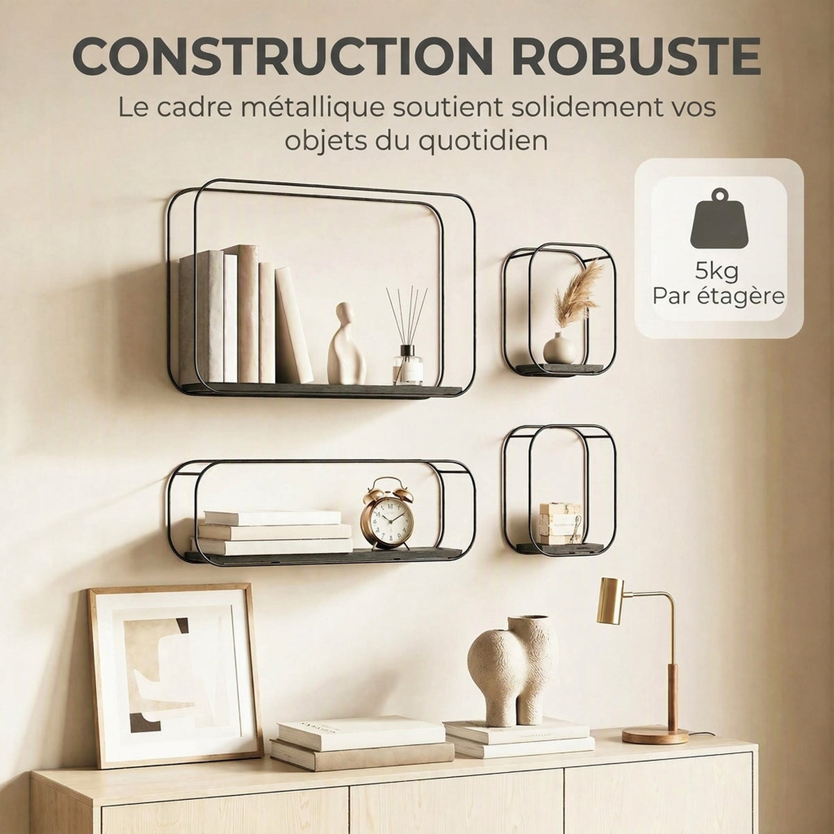 Set di 4 mensole da parete in stile industriale, scaffali geometrici sospesi in metallo, per soggiorno, camera da letto e ufficio, nero