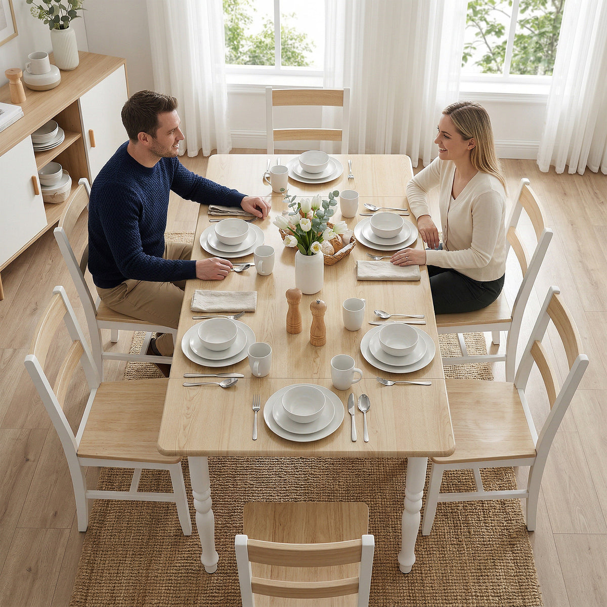 Table à manger pliante pour 2 à 6 personnes 74-134 cm, table de cuisine avec 2 abattants, pieds en acier, bois naturel