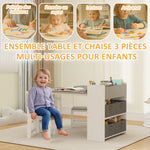 Conjunto de mesa y 2 sillas infantiles de madera con rollo de papel, estantes y cajones, para niño y niña de 3 a 8 años, gris