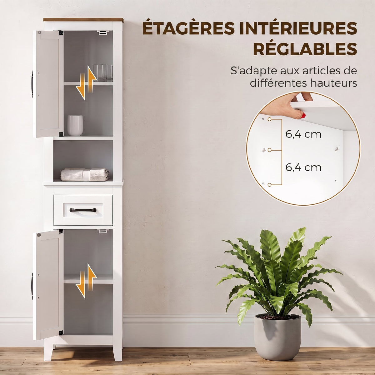 Meuble de salle de bain, meuble de rangement, 2 portes, tiroir, compartiment ouvert et étagères réglables, blanc