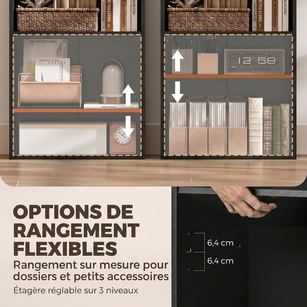 Bureau Informatique Pliable avec Pochette Suspendue, Compartiments Ouverts et Étagère Réglable, Noir