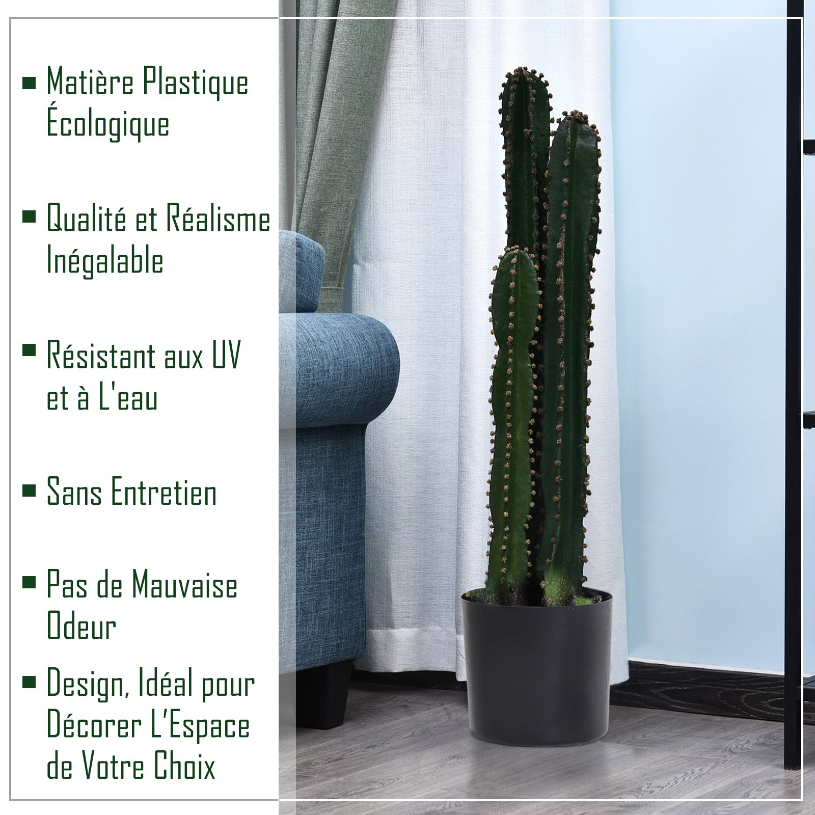 Cactus artificiel grand réalisme plante artificielle grande taille dim. Ø 17 x 98H cm vert