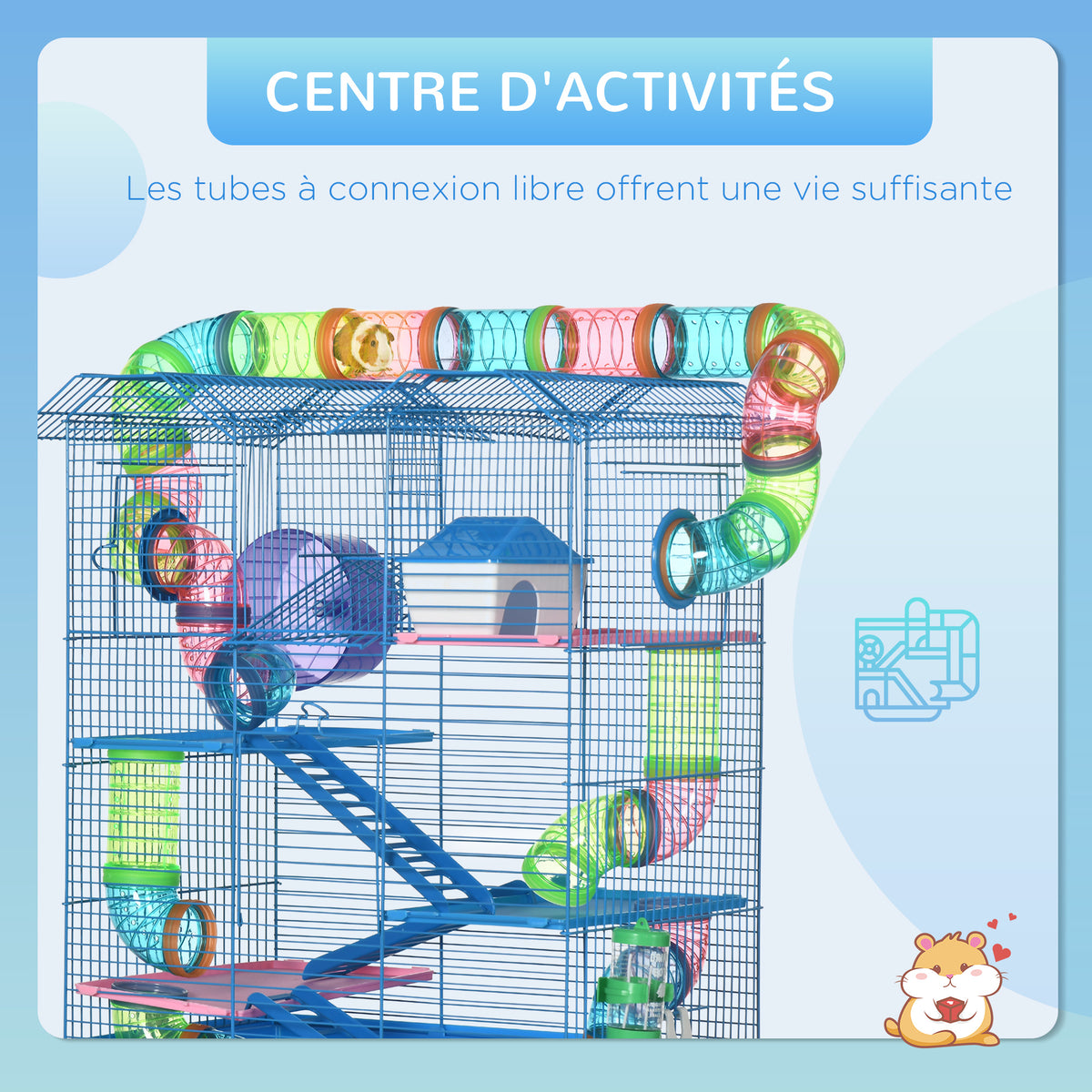 Cage pour Hamster Souris Petit Animaux Rongeur avec Tunnel Mangeoire Roue Jouet 47 x 30 x 59 cm Bleu