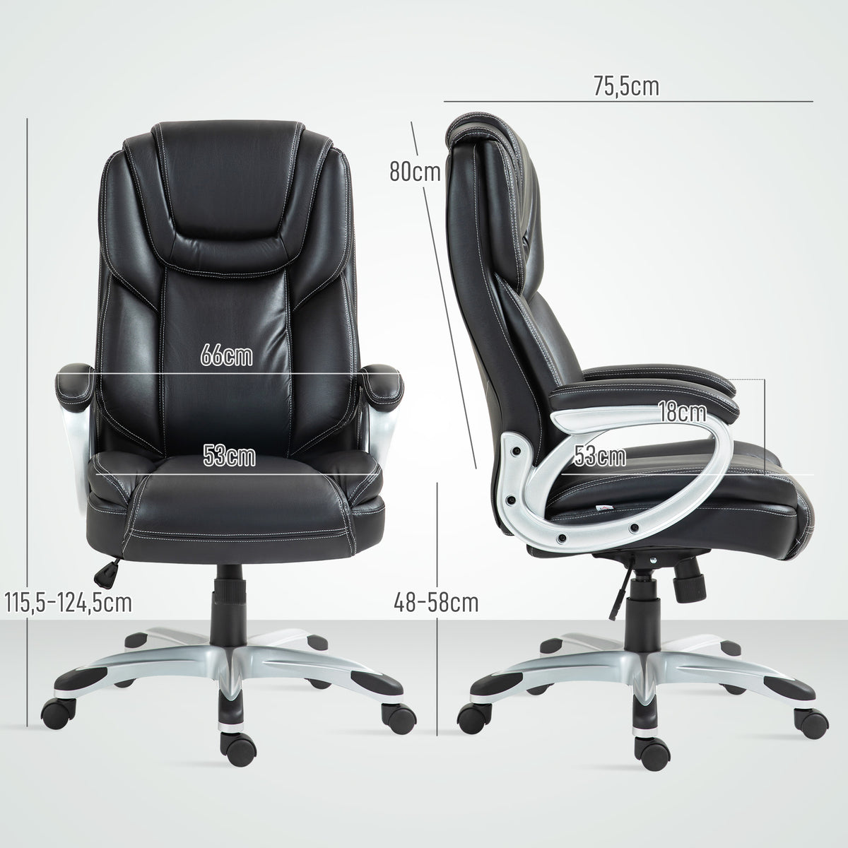 Chaise de bureau fauteuil de bureau avec fonction bascule roulettes pivotantes 360° 66 x 75,5 x 115,5-124,5 cm noir