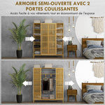 Armoire en bambou avec 2 portes coulissantes, étagères et tringle, grande armoire pour la chambre, 145 x 35 x 165cm