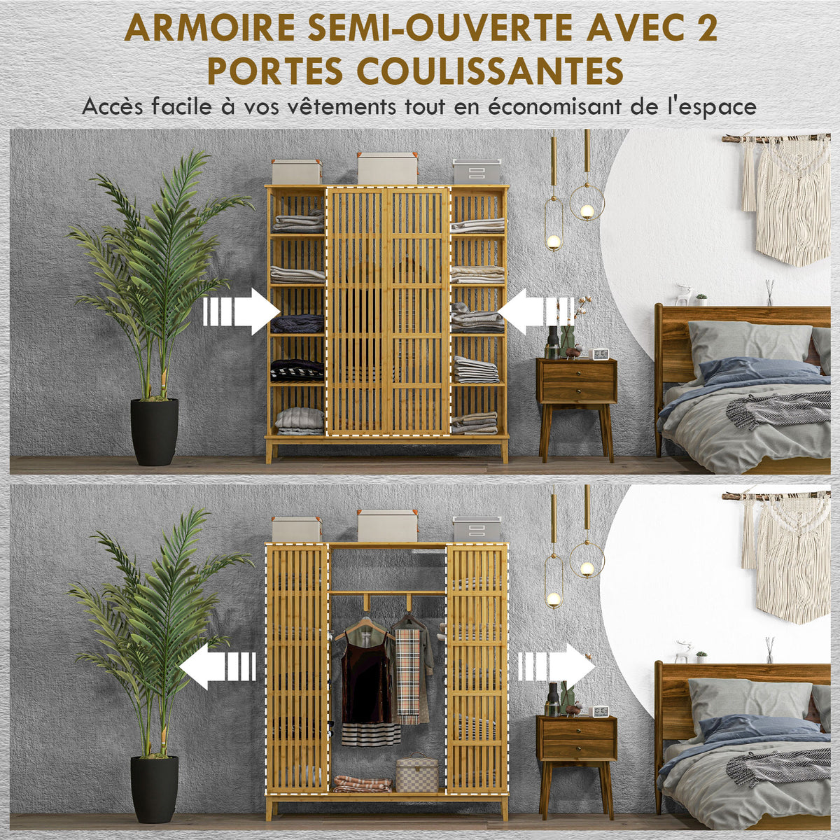 Armoire en bambou avec 2 portes coulissantes, étagères et tringle, grande armoire pour la chambre, 145 x 35 x 165cm