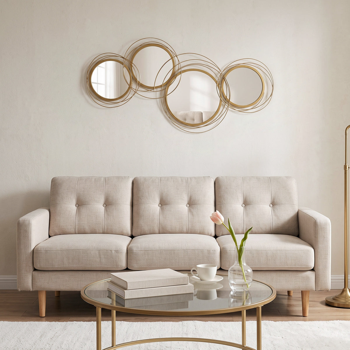 Ensemble de 4 miroirs ronds en métal dorés 107 x 56 cm