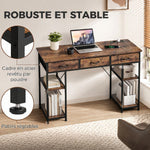 Bureau avec rangement avec prises de courant, 3 tiroirs en tissu et 4 étagères de rangement, 120 x 40 x 76 cm, marron