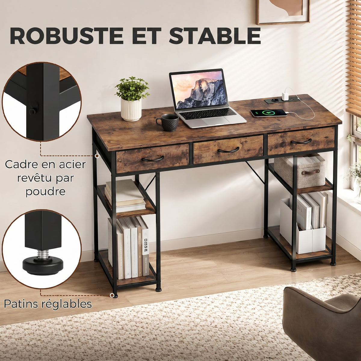 Bureau avec rangement avec prises de courant, 3 tiroirs en tissu et 4 étagères de rangement, 120 x 40 x 76 cm, marron