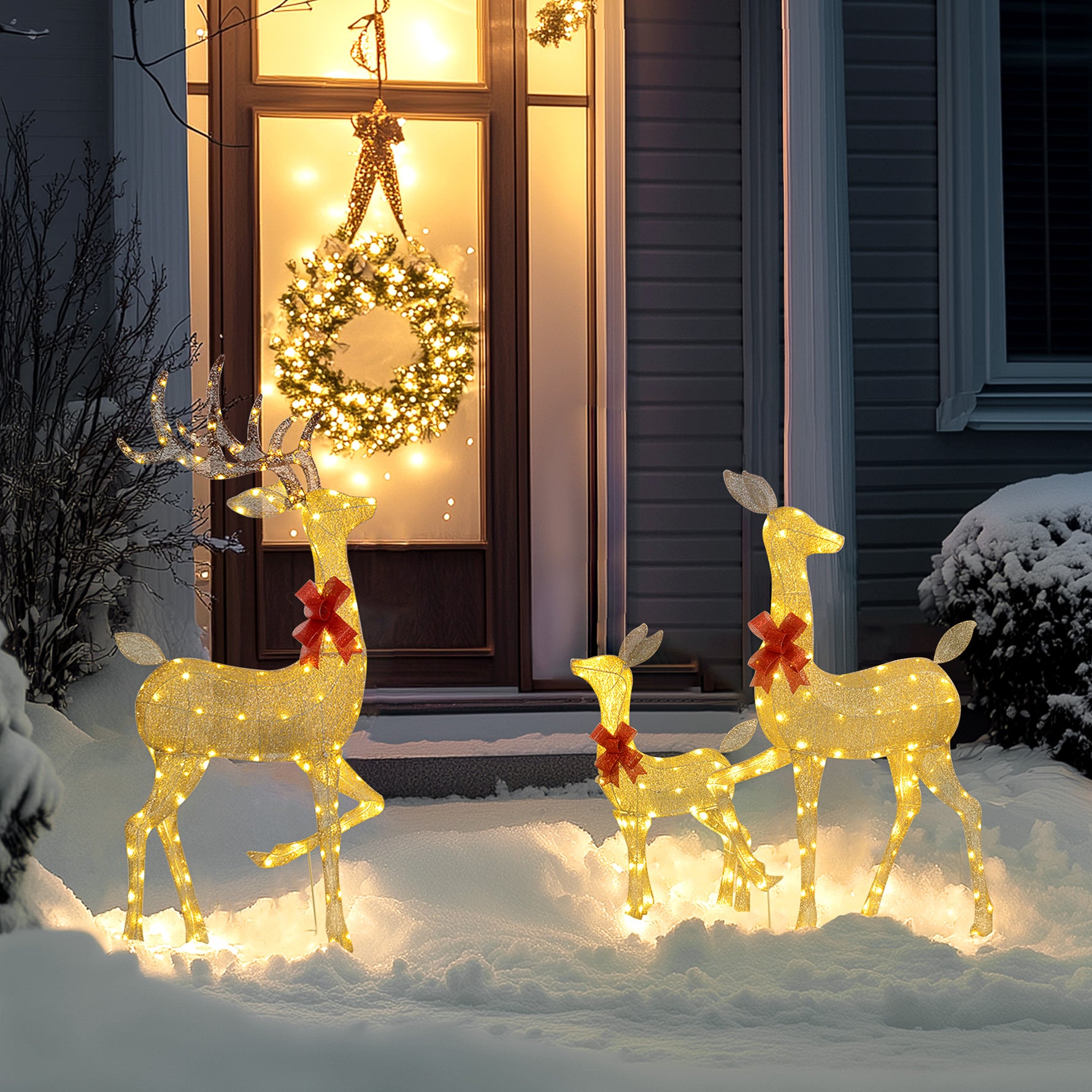 3 cerfs lumineux Noël, en forme de famille de cerfs, rennes lumineux Noël, en acier, 283 LED blanc chaud, or