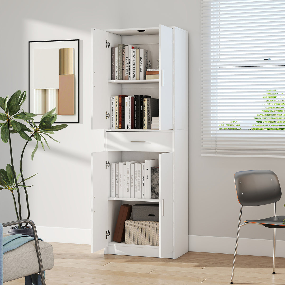 Armoire de cuisine moderne avec placards à portes, étagères réglables et tiroir, 60 x 35 x 180 cm, blanc