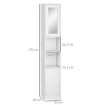 Armoire salle de bain haute, meuble de rangement colonne avec miroir, 2 portes, étagères réglables, 30x28x170cm, blanc