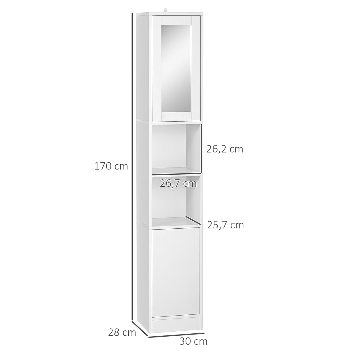 Armoire salle de bain haute, meuble de rangement colonne avec miroir, 2 portes, étagères réglables, 30x28x170cm, blanc