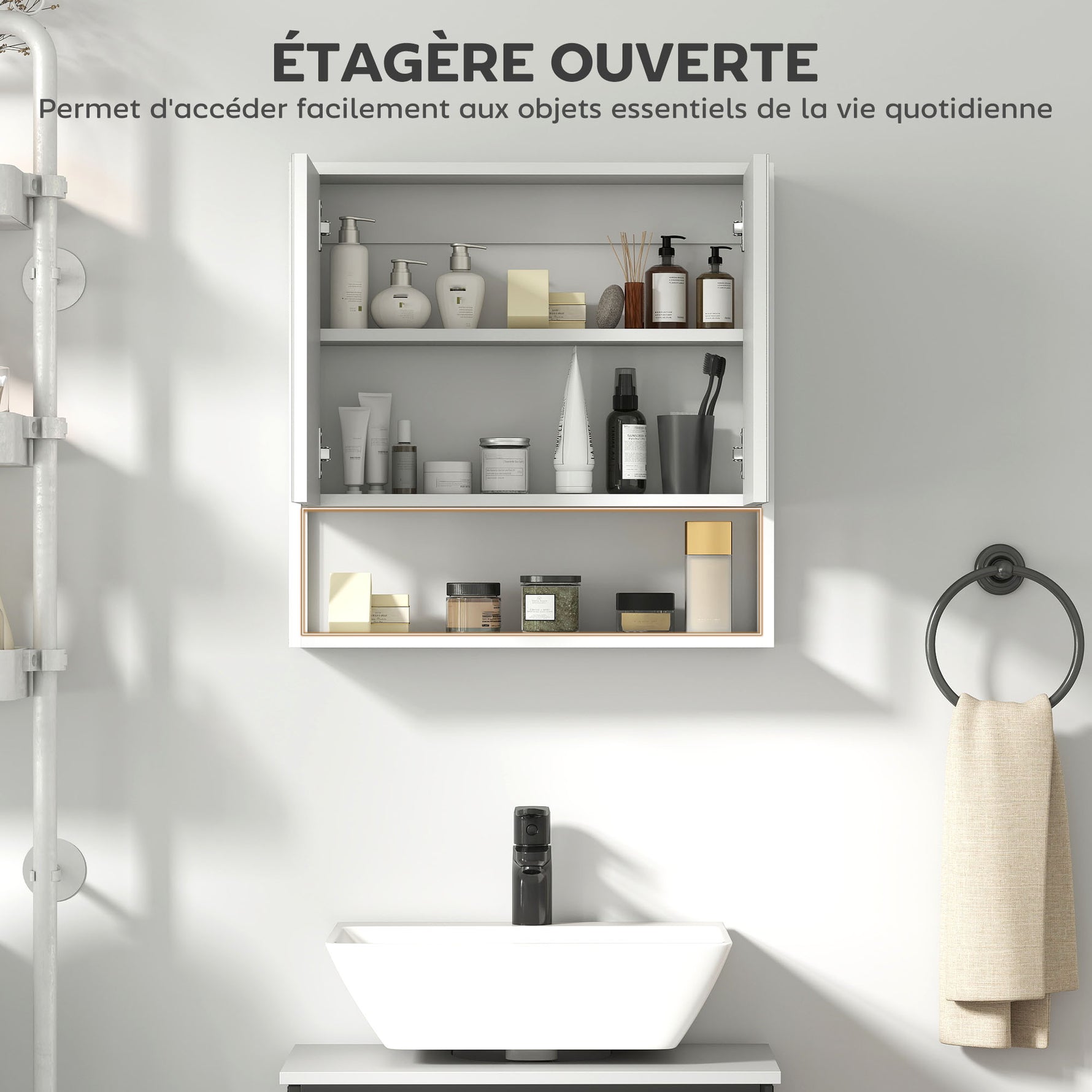 Armoire murale salle de bain avec miroir, meuble salle de bain, 2 portes miroir, étagère ouverte 60 x 16 x 60 cm blanc