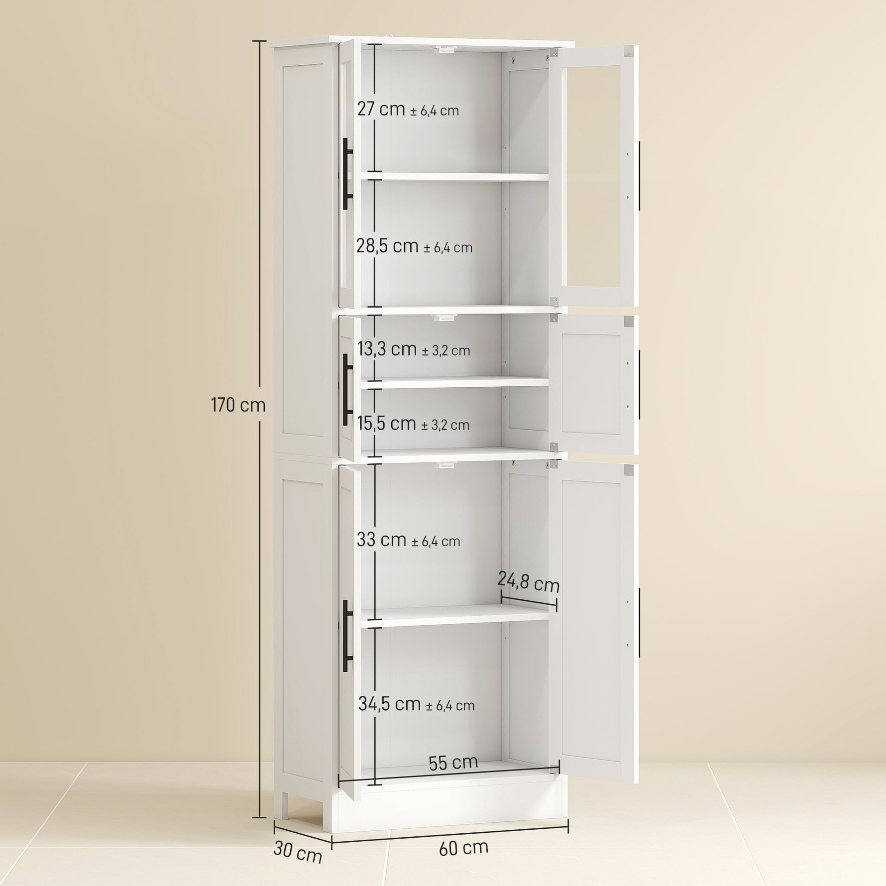 Meuble de salle de bain, meuble de rangement 6 niveaux, 6 portes dont 2 vitrées, étagères réglables, 60x30x170cm, blanc