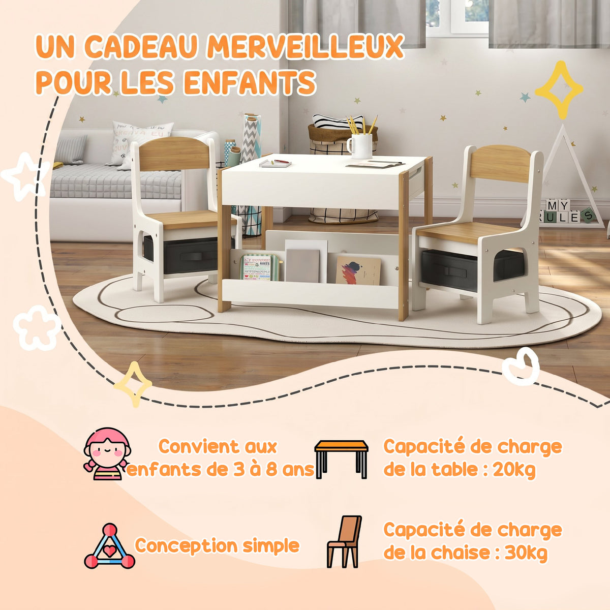 Ensemble 3 pièces table et 2 chaises pour enfant avec plateau réversible tableau noir, panier de rangement, étagères